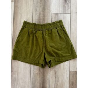 H&M Olive Green Linen Blend Pull On Shorts Ruffle Waist Pockets Medium Summer